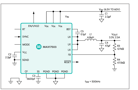 MAX17503應(yīng)用電路，開(kāi)關(guān)頻率為500kHz