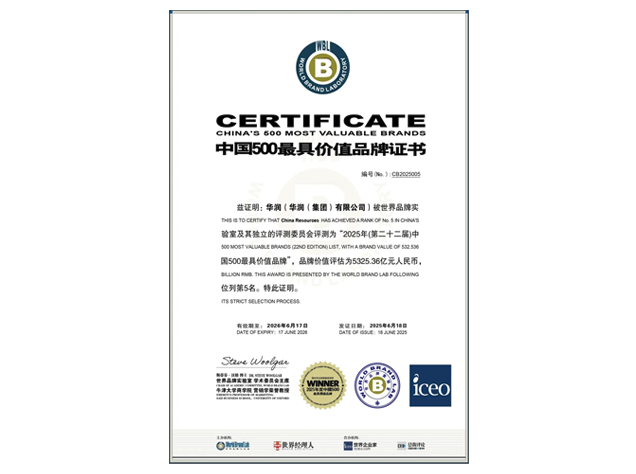 華潤品牌價值達5325億，躍居中國500強第五位